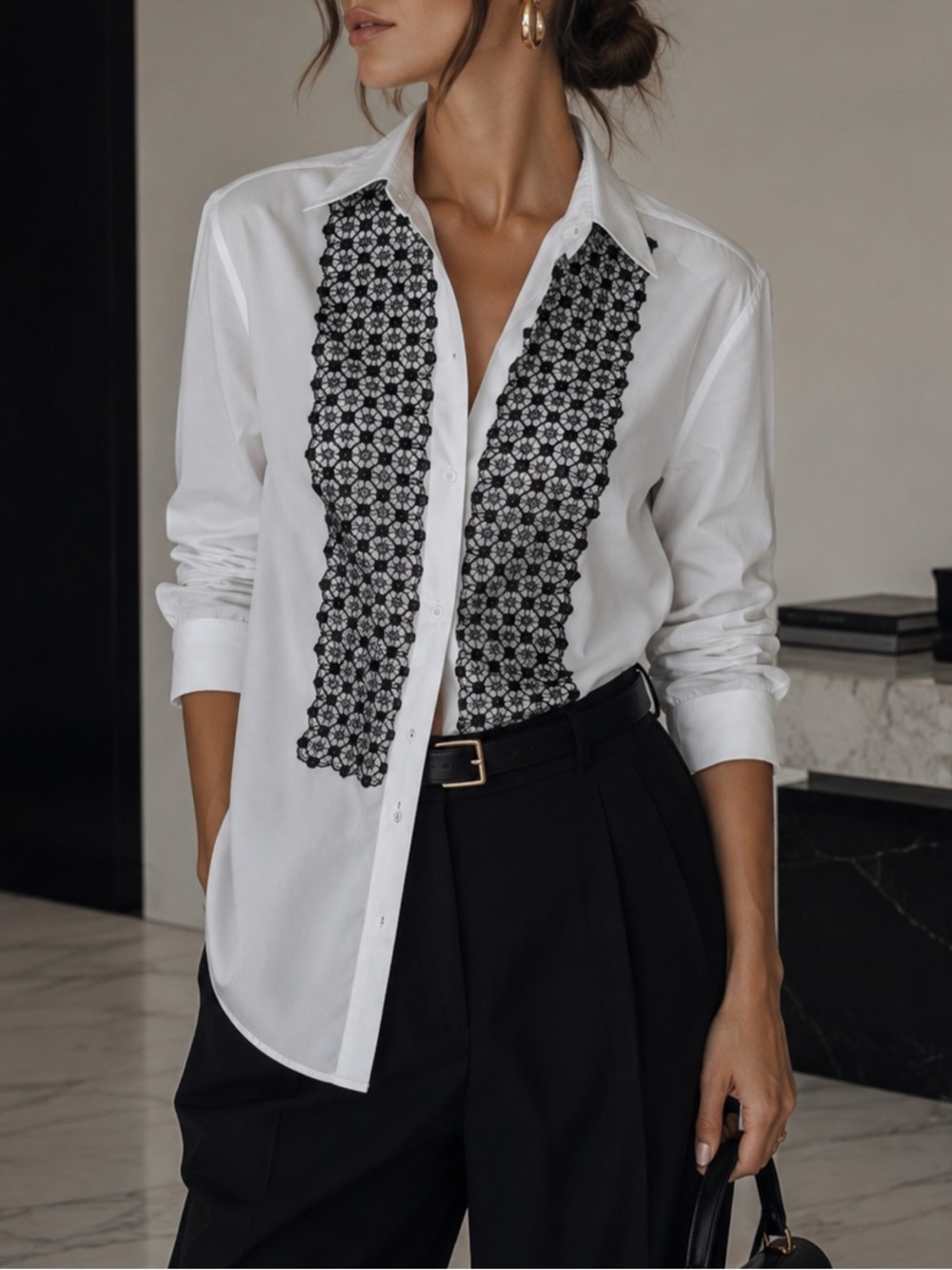 Dolce & Gabbana White Button-Down Shirt with Black Lace Bib‎ Insets Size 40 or 8